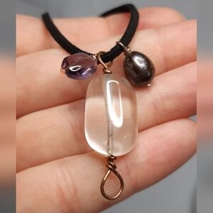 Genuine Quartz, Amethyst and Peacock Pearl Wire Wrapped Necklace